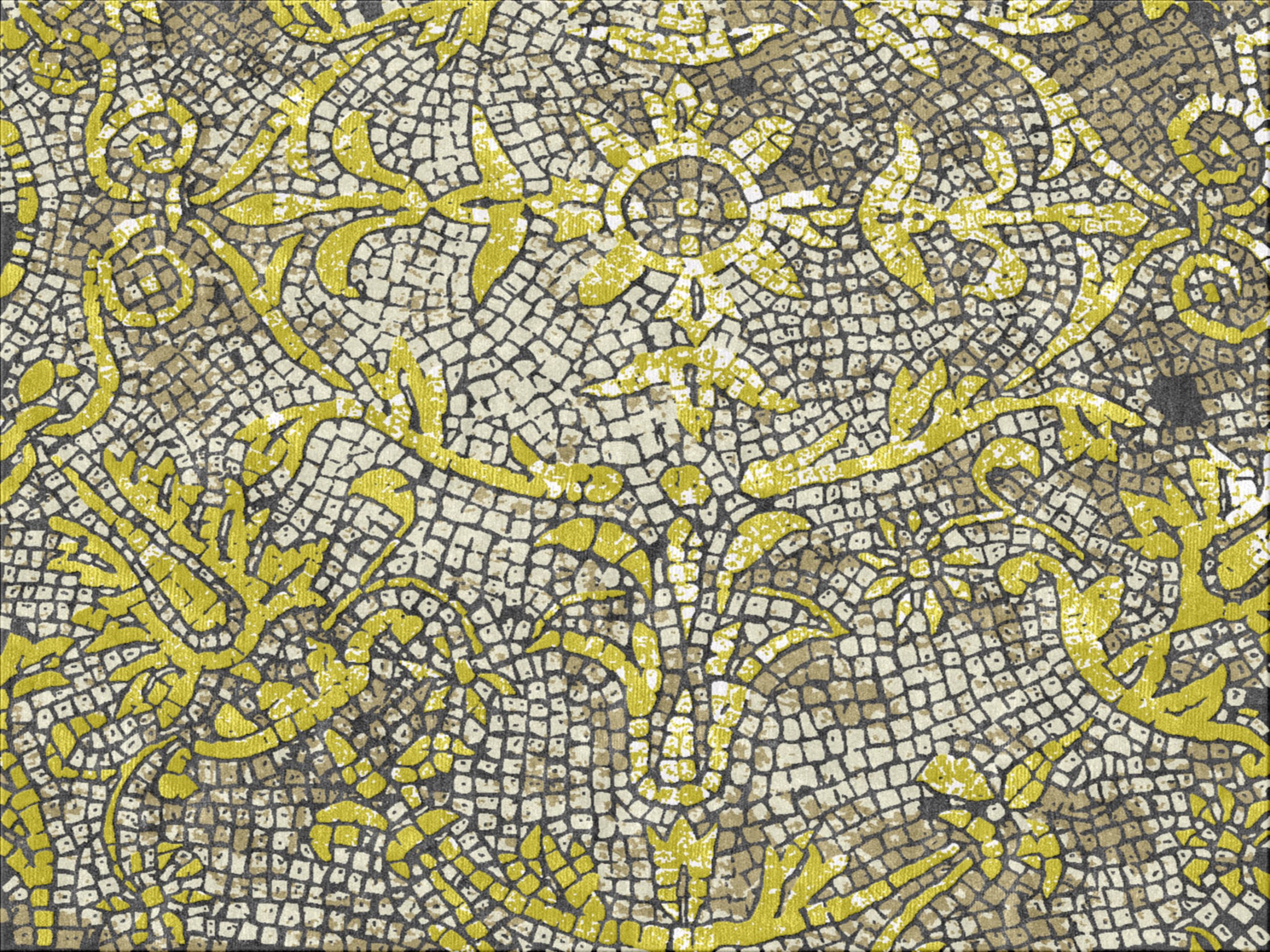 Linda Corbett's design for the HERCOLANO carpet was inspired by a Roman mosaic floor at Hadrian's Villa at Tivoli. The carpet was hand-woven from hand-dyed wool and silk in Kathmandu, Nepal.